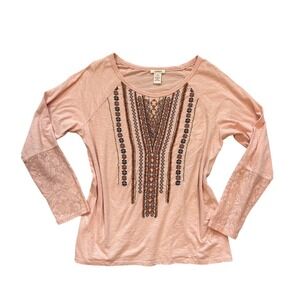 Sundance embroidered light pink longsleeve lightweight T shirt‎ blouse cotton M